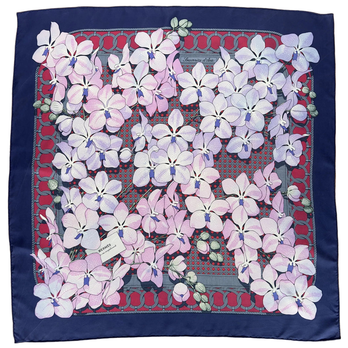 Carré Hermès Souvenirs d'Asie Vladimir Rybaltchenko 90 cm soie, vue d'ensemble orchidées, bordure marine