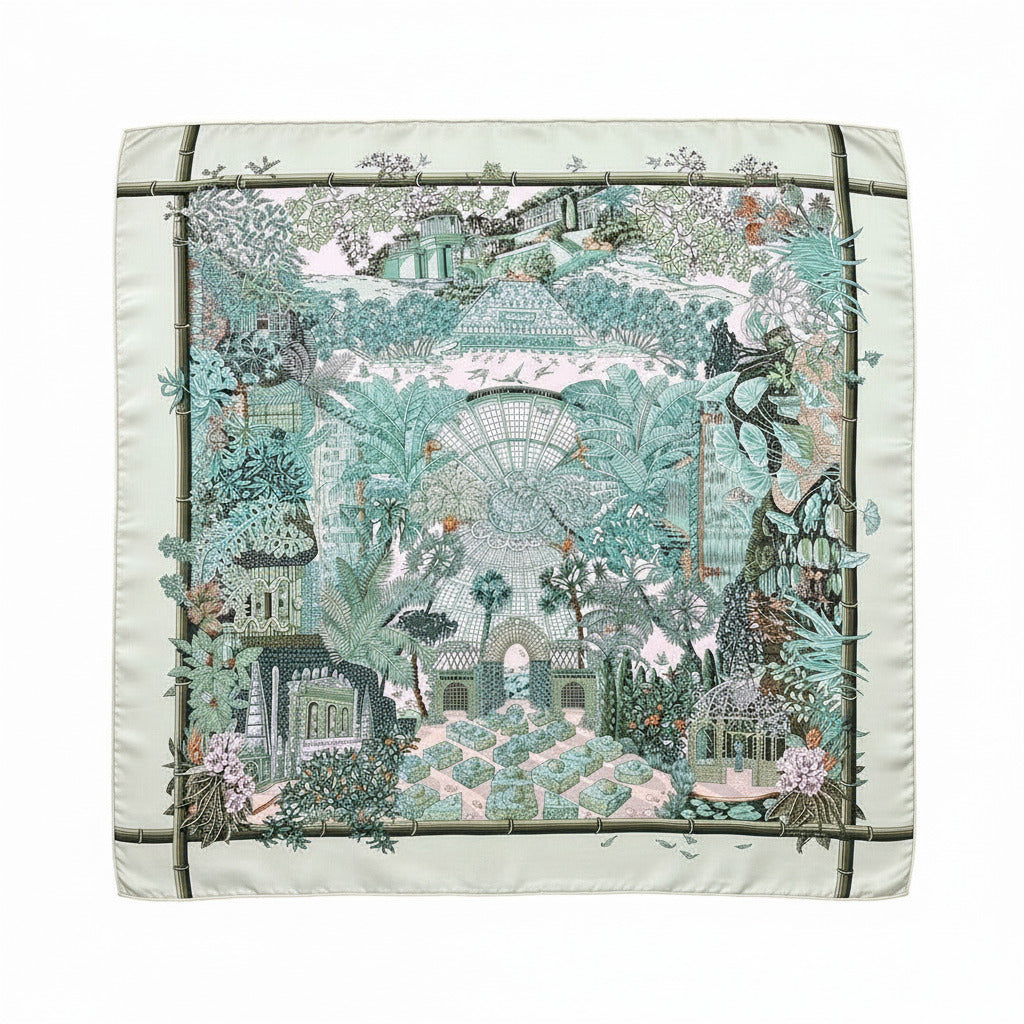 Foulard Hermès 90 cm Jardin d'Hiver par Annie Faivre - Motif paysage exotique, tons de vert et beige clair.