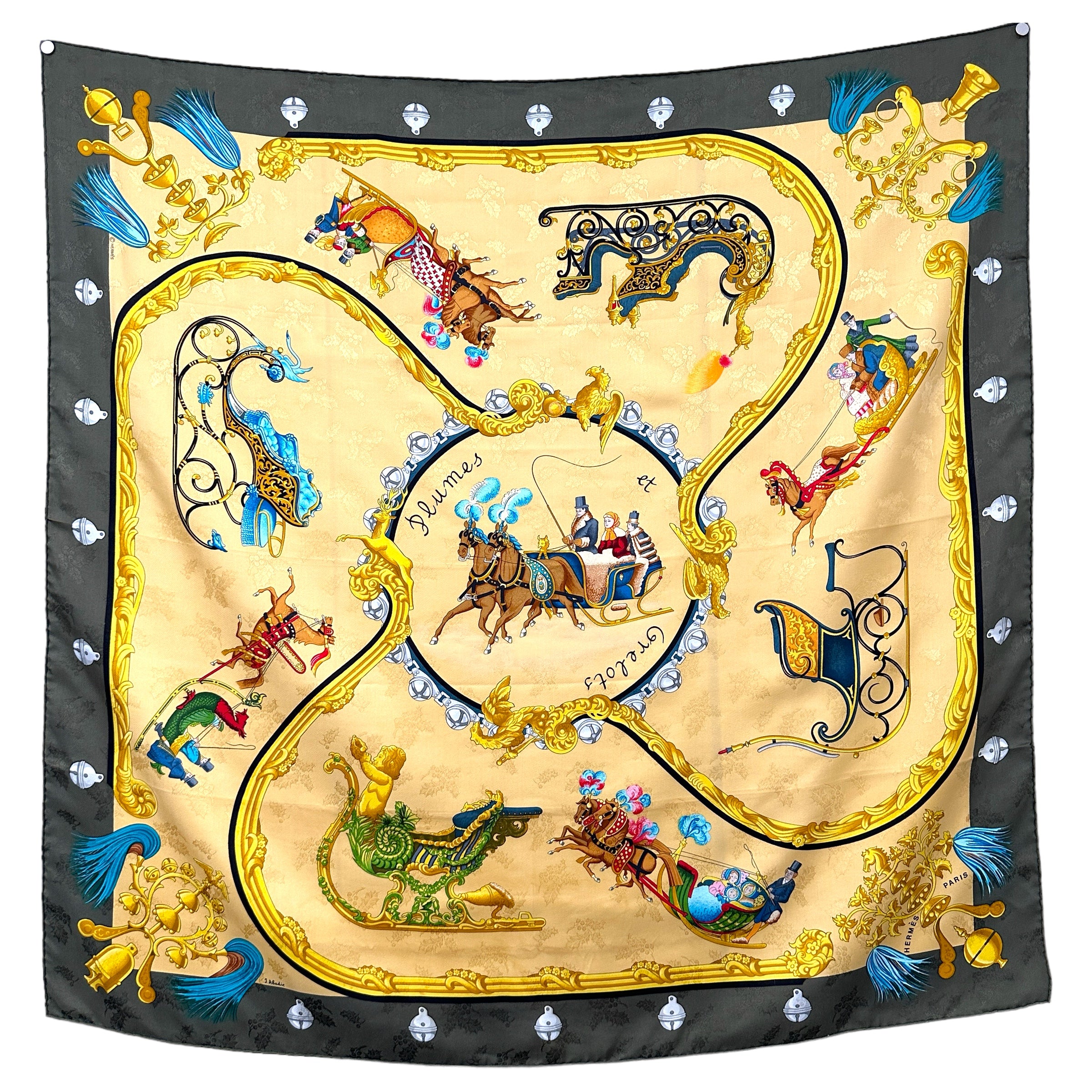 foulard-hermes-plumes-et-grelots-kaki-et-couleur-or