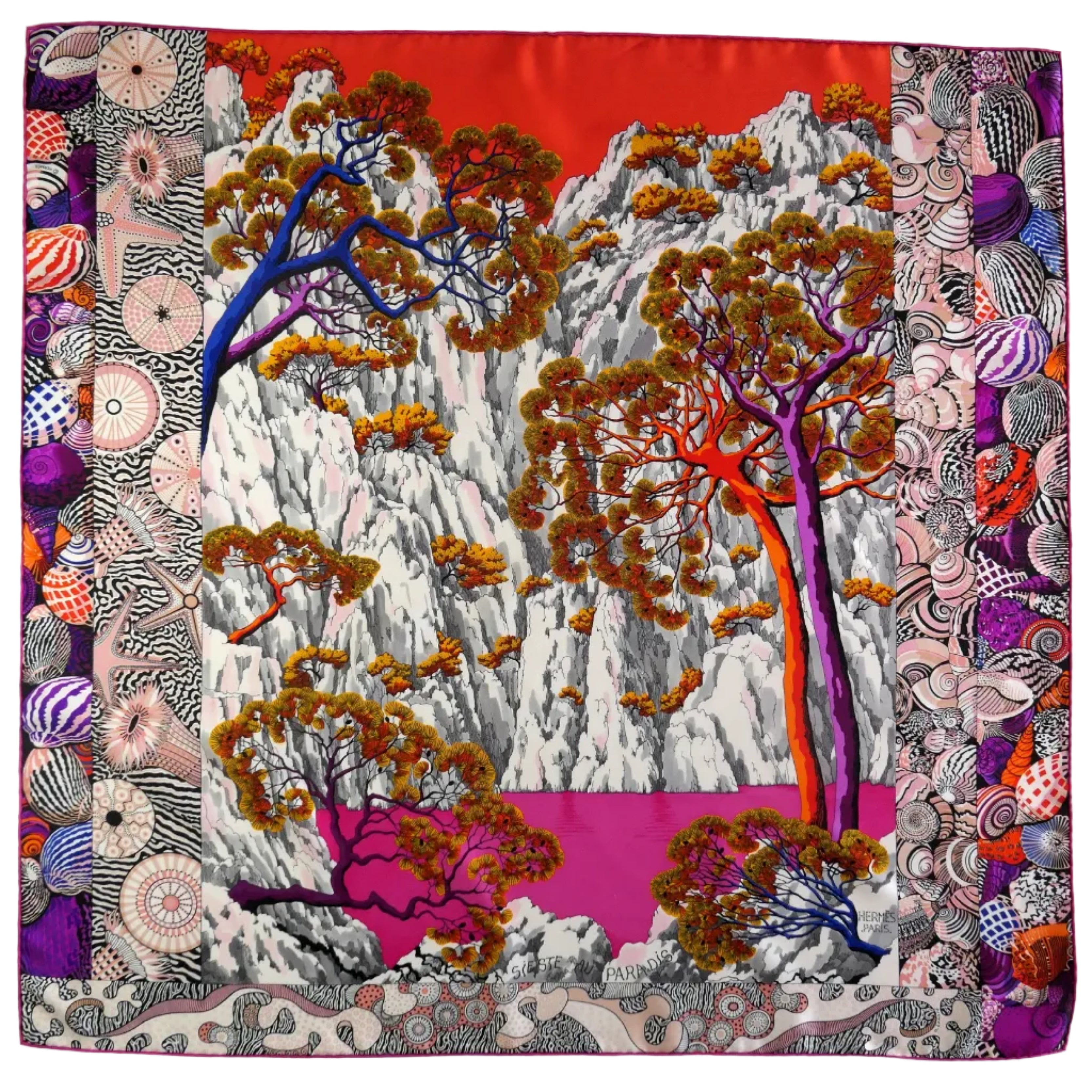 Carré Hermès Sieste au Paradis Aline Honoré 90 cm soie, vue d'ensemble fuchsia gris