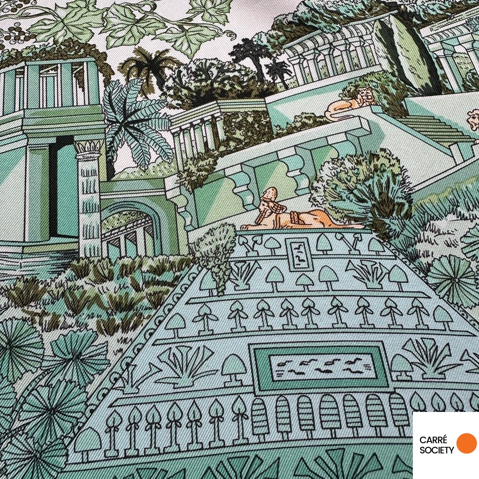 Vue rapprochée du dessin Jardin d'Hiver, foulard Hermès d'Annie Faivre, avec ses détails fins.