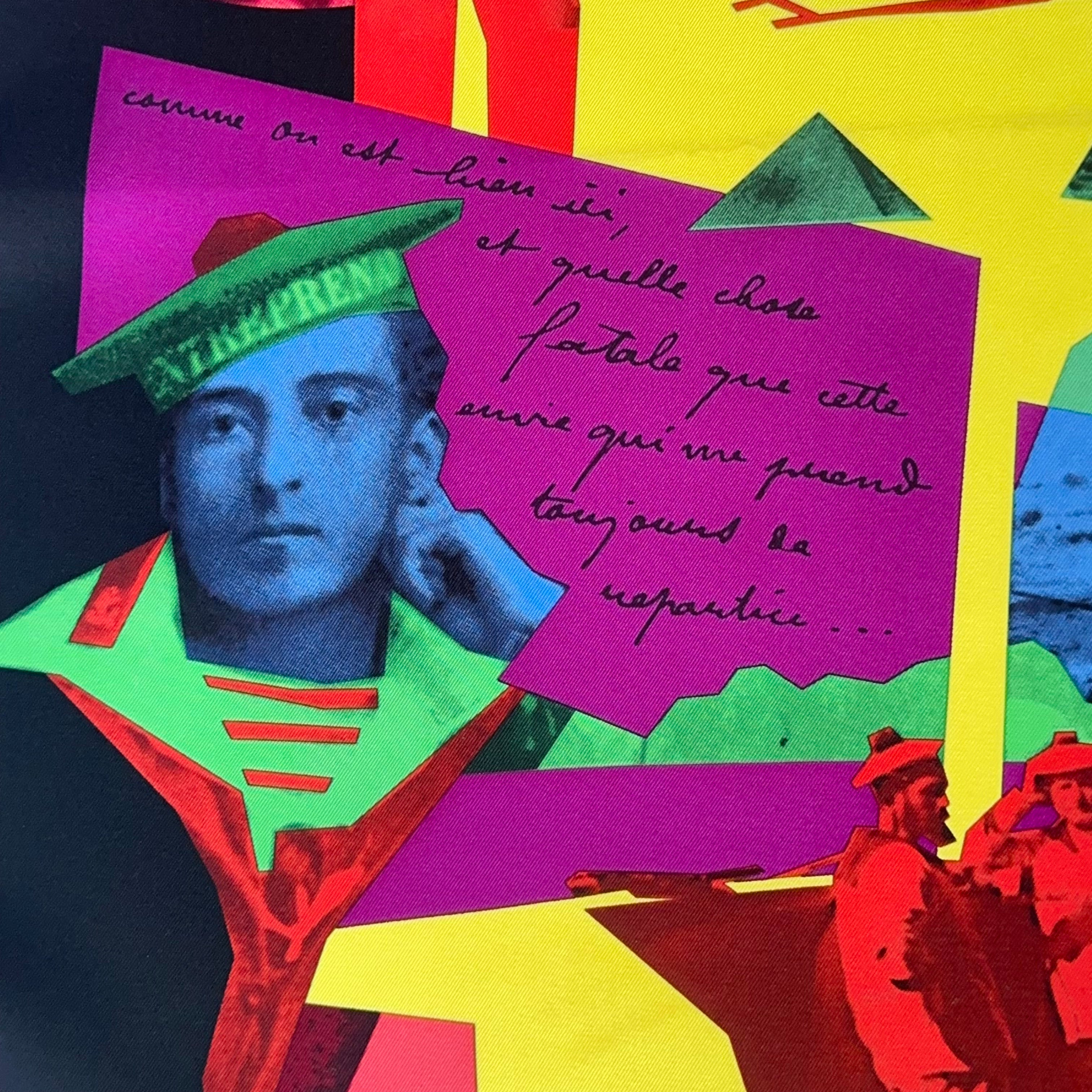 Zoom sur le portrait "Warholien" de Pierre Loti jeune marin au visage bleu, accompagné d'un texte manuscrit sur fond violet et rouge.